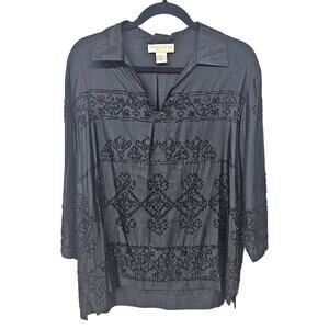 Doncaster Silk Beaded Blouse Womens 8 Black Collared 3/4 Sleeves Career Corpcore
